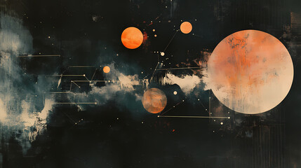 Wall Mural - Abstract collage with celestial patterns, constellations, and vintage paper textures on a dark background. Fading Universe. Illustration