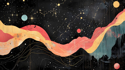 Wall Mural - Abstract collage with celestial patterns, constellations, and vintage paper textures on a dark background. Fading Universe. Illustration