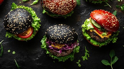 Poster - Colorful assortment of gourmet burgers with unique buns and vibrant toppings under ambient lighting