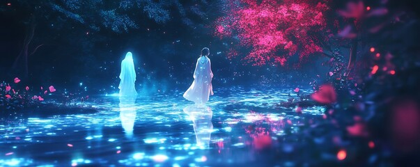 Woman walking with spirit in enchanted forest with glowing flowers, reflection in water, suitable for fantasy art