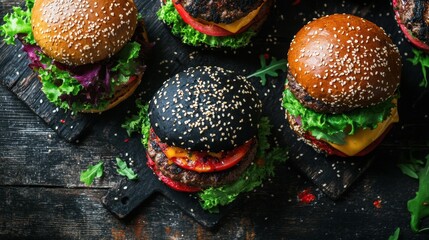 Poster - Colorful assortment of gourmet burgers with unique buns and fresh toppings illuminated by ambient lighting