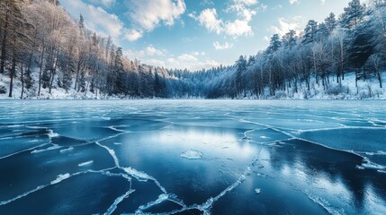 Frozen lake surface with cracks reflects the winter sky and snow covered forest. Ideal for nature, travel, or seasonal winter themes like holidays.