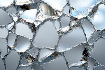 Leinwandbilder - A close-up view of shattered glass reflecting light, showcasing intricate patterns of transparency and distortion.