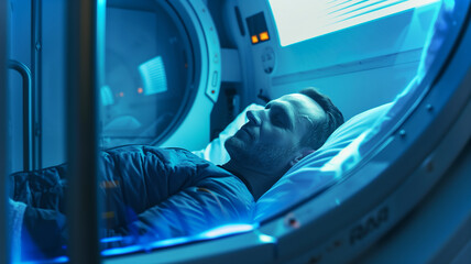 Poster - This Innovative technology showcases human hibernation in a cryogenic chamber for extended suspension.