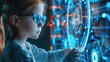 © Galih - Girl interacts with futuristic interface, digital background, education tech