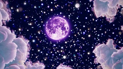 Wall Mural - a surreal, cosmic video scene with a purple moon surrounded by stars and clouds, captured from a low