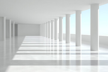 Aufkleber - A minimalist interior showcasing pristine white pillars and polished floors, illuminated by natural light, creating a serene atmosphere.