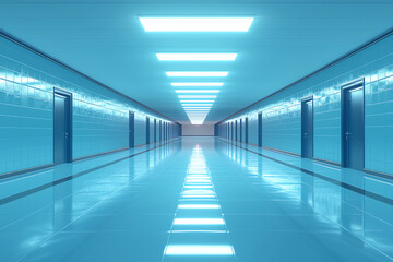 Leinwandbilder - A modern, luminous corridor with reflective floors and blue walls, creating a serene and futuristic atmosphere for various uses.