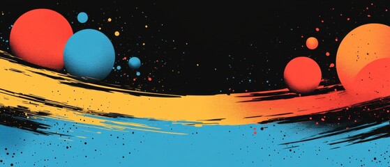 Wall Mural - abstract cosmic background with planets and brush strokes in vibrant orange, blue, and yellow colors