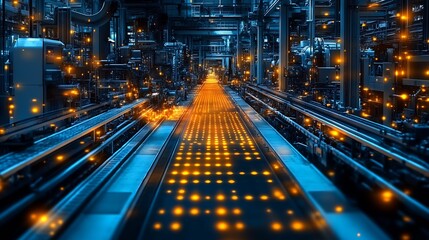 Poster - Futuristic Industrial Scene with Glowing Lights and Machinery Creating an Engaging Atmosphere : Generative AI
