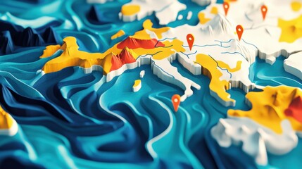 Fototapete - Explore vibrant travel destinations on a colorful digital map with bright pins marking exciting adventures across Europe and beyond