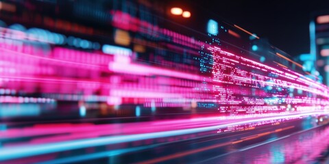 Fototapete - Neon pink digital data streams with motion blur at night