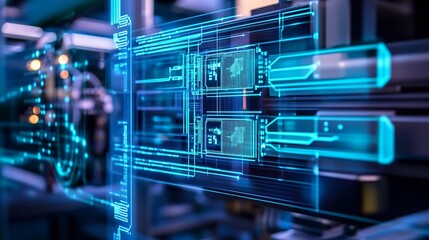 Aufkleber - Futuristic close up of a digital electronic circuit board illuminated with blue light in a high-tech environment : Generative AI
