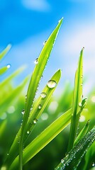 Aufkleber - Close up view of dew-covered grass blades glistening under bright sunlight in nature : Generative AI