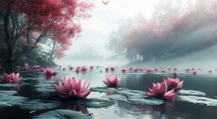 Pink Lotus Flowers Floating on a Calm Lake with Misty Trees