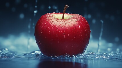 Poster - Vibrant red apple surrounded by droplets making a fresh and appetizing fruit image perfect for food ads : Generative AI
