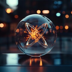 Wall Mural - spherical glass object with glowing core and dynamic light effects in urban evening setting