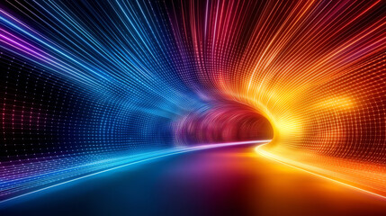 Fototapete - A vibrant digital tunnel of light illustrating speed and movement in a futuristic setting with colorful graphical effects.