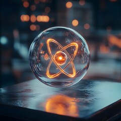 Wall Mural - Glowing Atomic Model Encased in a Transparent Sphere on a Reflective Surface with Bokeh Lights