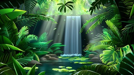 Wall Mural - Lush Jungle Waterfall Surrounded by Tropical Greenery and Sunlight Filtering Through Leaves
