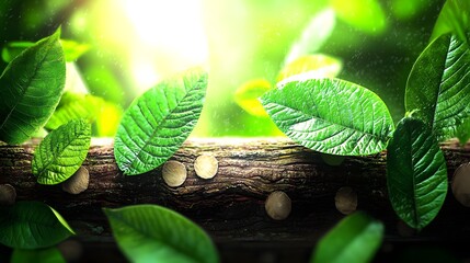 Wall Mural - Vibrant Green Leaves on a Wooden Log with Soft Light Filtering Through Forest Environment