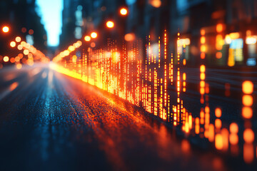 Poster - A visually striking urban scene depicting a futuristic digital landscape with luminous data streams and vibrant city lights.