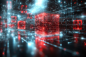 Poster - Abstract futuristic digital background with glowing cubes and data streams representing advanced technology and innovation.