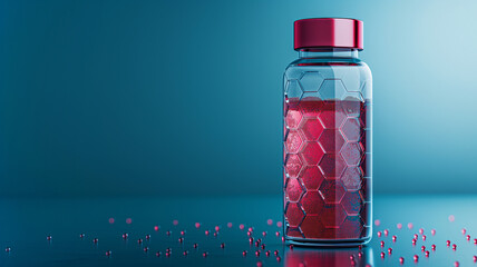 Poster - This clear vial of synthetic blood against a blue background showcases nano medicine.