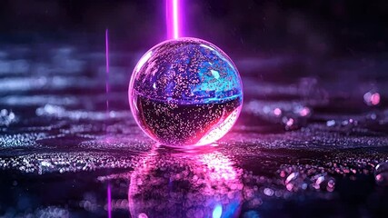 Wall Mural - Glass sphere illuminated by vibrant neon light, reflecting on a dark, wet surface