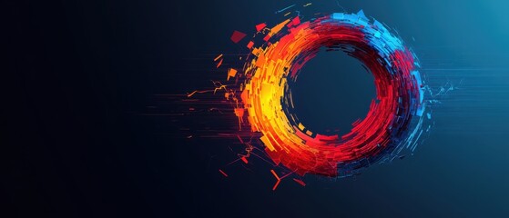 Wall Mural - abstract glowing circle with shattered effect in red, orange, and blue on dark background concept of