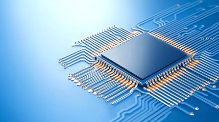 Close-up of a modern computer chip on a blue circuit board showcasing intricate circuitry and advanced technology.