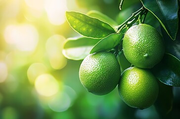 Poster - Fresh green limes hanging on a tree branch in soft sunlight with vibrant green foliage in the background : Generative AI