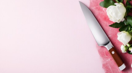 A chefs knife with a brown handle rests on a pink background. White roses and green leaves are positioned beside it. The image has a high resolution and soft lighting. Its minimalist style creates a s