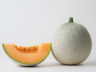 Poster - Whole and Sliced Cantaloupe Melon Showcasing Juicy Interior and Texture : Generative AI