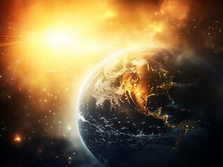 Poster - Stunning view of Earth in space with starburst effect and galaxy backdrop radiating vibrant light : Generative AI