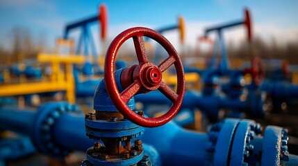 Aufkleber - Detailed Close-up of Oil Pipeline Valve with Red Wheel Mechanism : Generative AI