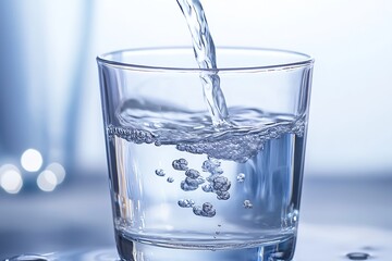 Poster - Fresh water being poured into a glass capturing bubbles and reflections in soft light : Generative AI