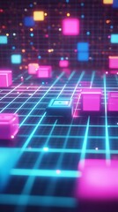 Fototapete - Colorful floating cubes in a grid pattern against a dark background creating a captivating digital effect : Generative AI
