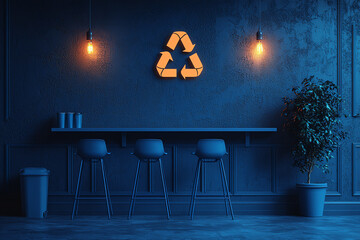 Leinwandbilder - Modern interior featuring sustainable design elements with a recycling symbol in a stylish, serene blue ambiance.