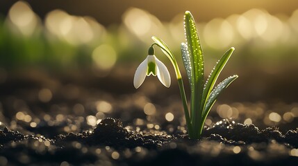 Fototapete - Delicate Snowdrop Flower Blooming in Fresh Soil with Glowing Morning Light : Generative AI