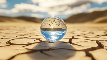 Poster - Impressive orb on dry ground reflecting clouds and the clear blue sky in the distance : Generative AI