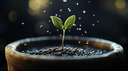 Poster - Close up of small green plant in soil with sparkling droplets of water highlighting nature : Generative AI