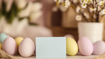 Poster - Delicate Easter Eggs in Pastel Colors Accompanied by Soft Blooms and a Blank Card in a Cozy Environment : Generative AI
