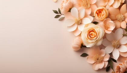 Poster - peach flowers on a pastel background with copy space.