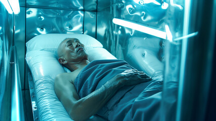 Poster - This person in a cryogenic chamber highlights advanced biotech for preservation and exploration.