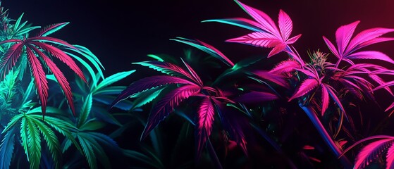 Leinwandbilder - Vibrant and Colorful Cannabis Plants Illuminated with Neon Lights in a Dark Background : Generative AI