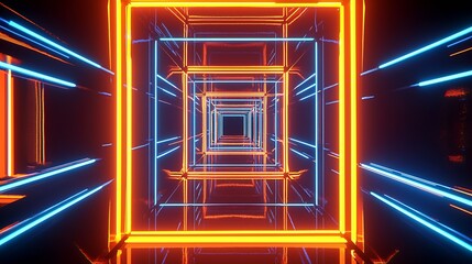 Poster - Dynamic corridor with vivid neon lights illustrating a futuristic digital environment in architectural design : Generative AI