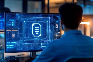 Aufkleber - Futuristic computer technology concept showcasing data processing and cybersecurity on a modern display : Generative AI