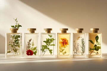 Poster - Beautifully Crafted Glass Bottles Filled with Fresh Herbs and Flowers Capturing Natural Essence : Generative AI