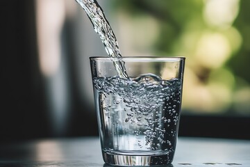 Poster - Close up of sparkling water being poured into a clear glass creating effervescent bubbles in a soft setting : Generative AI